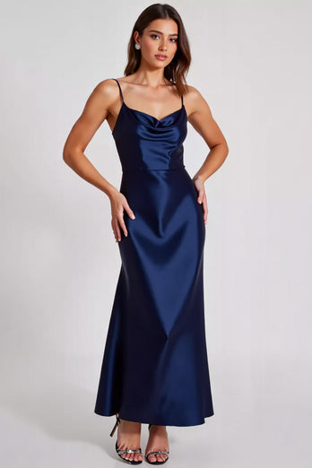 Satin Navy A Line Spaghetti Straps Formell Klänning