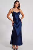 Satin Navy A Line Spaghetti Straps Formell Klänning