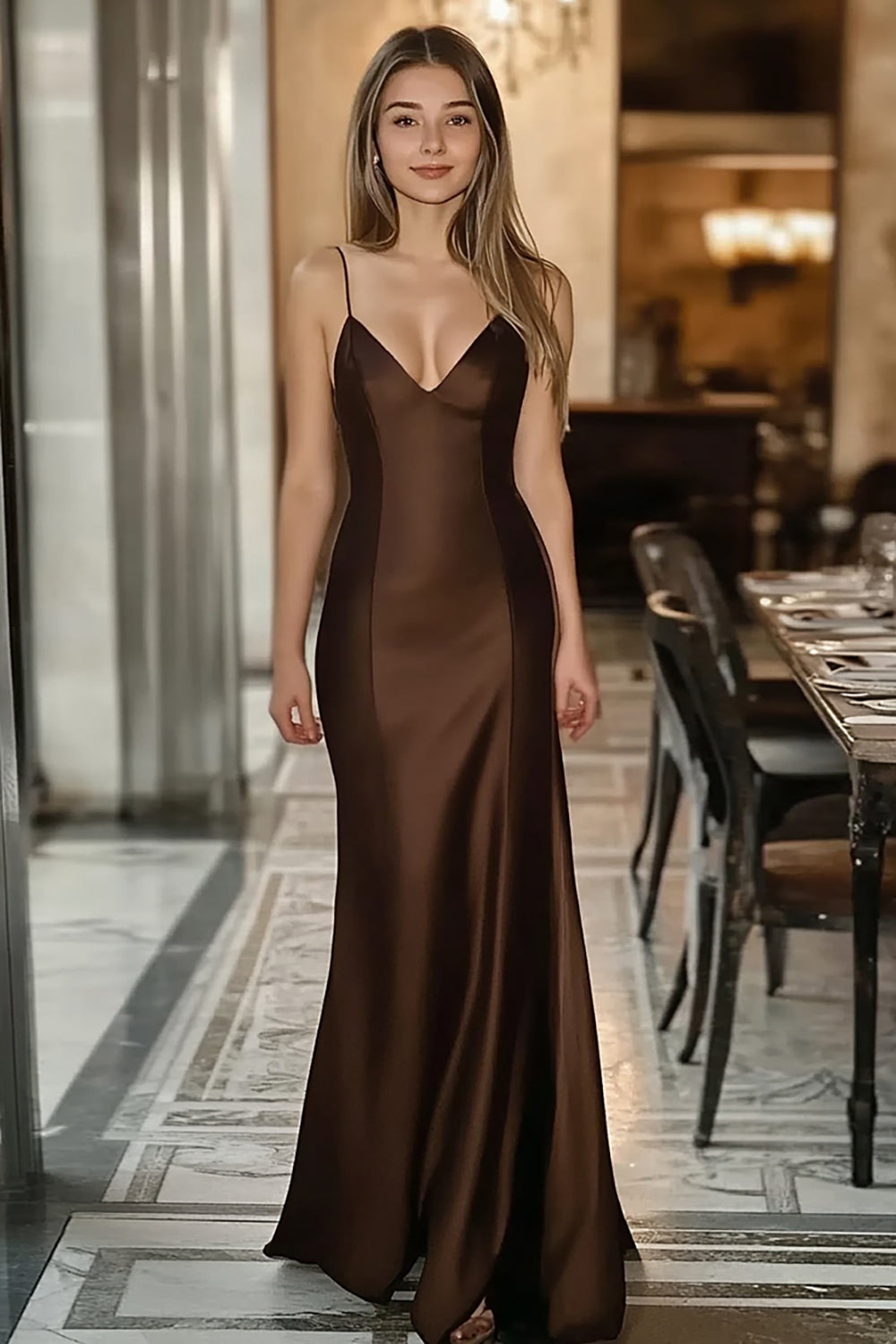 Kaffe Satin Spaghetti Remmar Sjöjungfru Formell Klänning