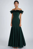 Mörkgrön Off The Shoulder Ruffles Rynkad Formell Klänning