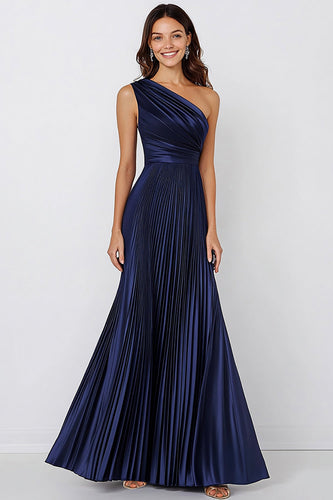 En axel Navy Satin Mermaid Formell Klänning