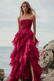Fuchsia Ruffle A Line Axelbandslös Lång Formell Klänning med Slits