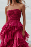 Fuchsia Ruffle A Line Axelbandslös Lång Formell Klänning med Slits