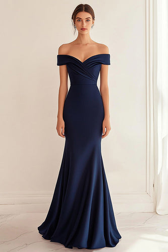 Off the Shoulder Sjöjungfru Ruched Navy formell klänning