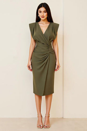 Oliv Rynkad Bodycon V-ringad Midi Formell Klänning