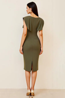 Oliv Rynkad Bodycon V-ringad Midi Formell Klänning