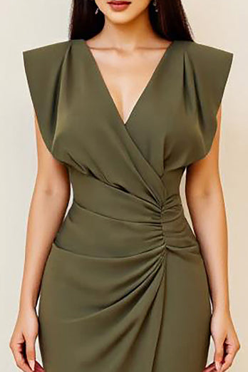 Oliv Rynkad Bodycon V-ringad Midi Formell Klänning