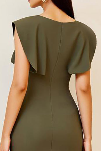 Oliv Rynkad Bodycon V-ringad Midi Formell Klänning