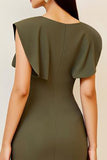 Oliv Rynkad Bodycon V-ringad Midi Formell Klänning