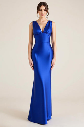Royal Blue V hals Slida Satäng Lång Bröllop Gäst Klänning