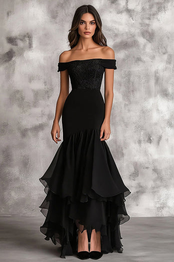 Svart Off The Shoulder Sjöjungfru Lång Bröllop Gäst Klänning Med Ruffles