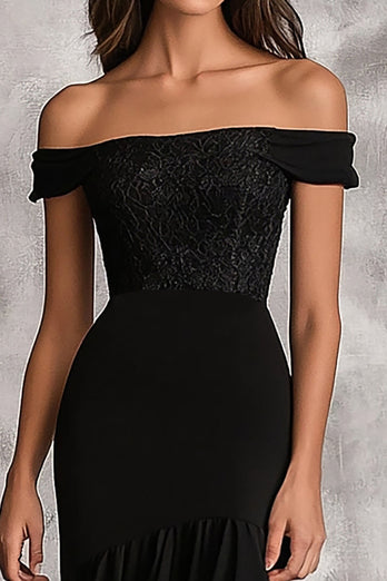 Svart Off The Shoulder Sjöjungfru Lång Bröllop Gäst Klänning Med Ruffles
