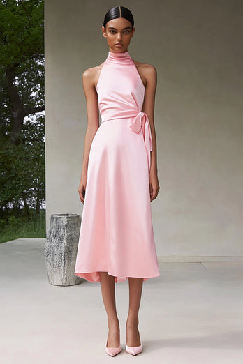 Rosa En linje Halter Tea Längd Satin Formell Klänning