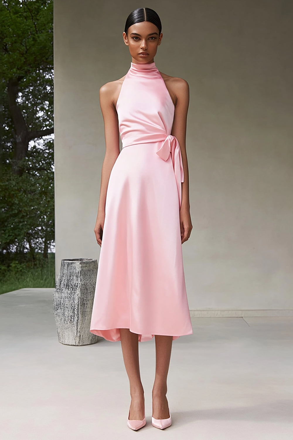 Rosa En linje Halter Tea Längd Satin Formell Klänning