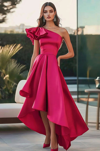 Fuchsia En Axel Hög-Låg Satin En Linje Formell Klänning