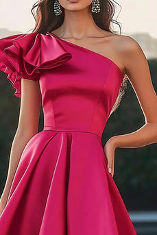 Fuchsia En Axel Hög-Låg Satin En Linje Formell Klänning