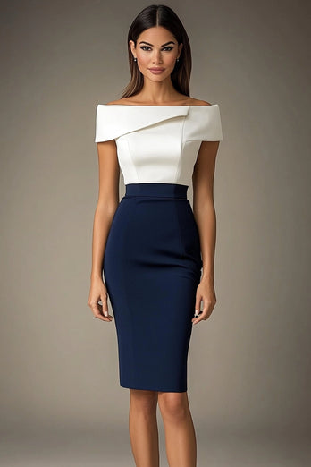 Vit Och Marinblå Off The Shoulder Bodycon Formell Klänning