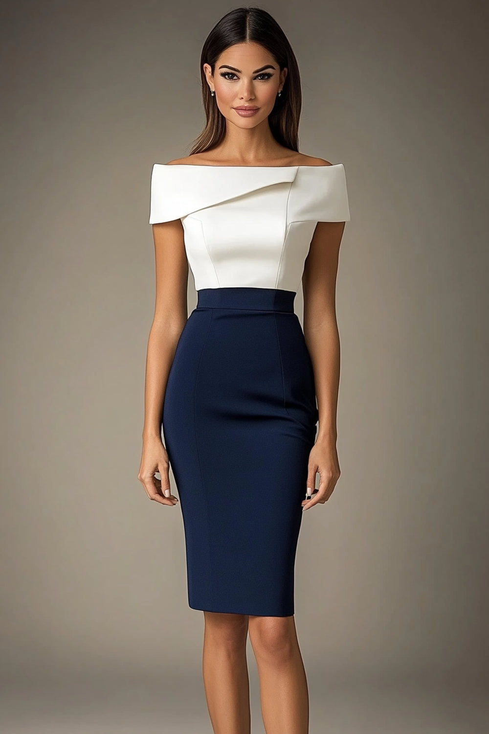 Vit Och Marinblå Off The Shoulder Bodycon Formell Klänning