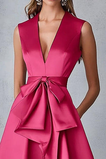 Fuchsia Satin V-ringning A Line Bröllop Gäst Klänning