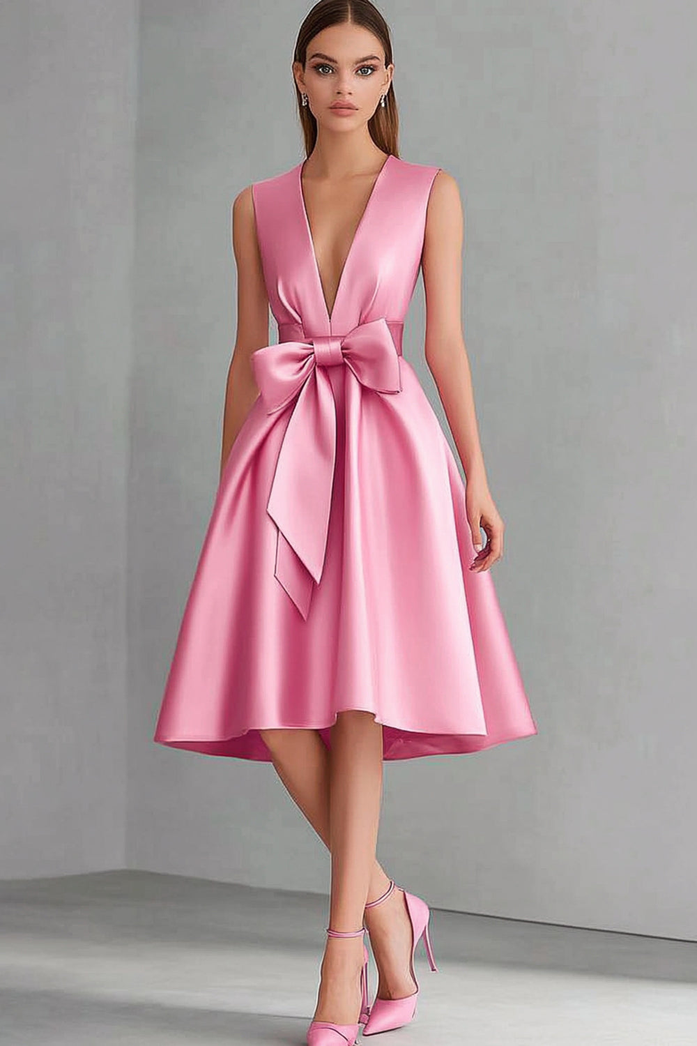 Rosa V-ringad Satin Midi Formell Klänning med Rosett