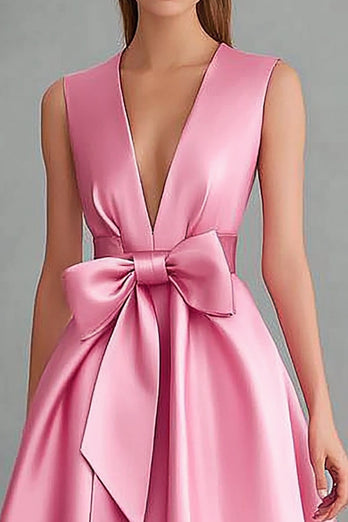 Rosa V-ringad Satin Midi Formell Klänning med Rosett