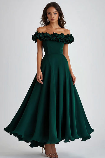 Mörkgrön Off The Shoulder Satin Ruffles Formell Klänning