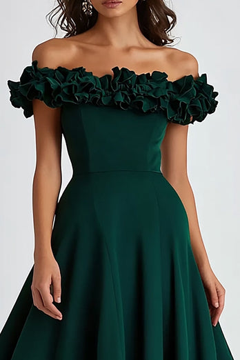 Mörkgrön Off The Shoulder Satin Ruffles Formell Klänning