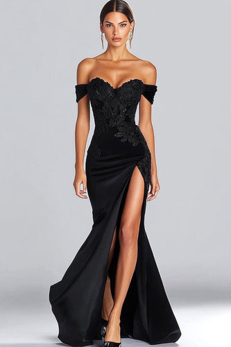 Svart Off The Shoulder Satin Mermaid Gala Klänning med slits