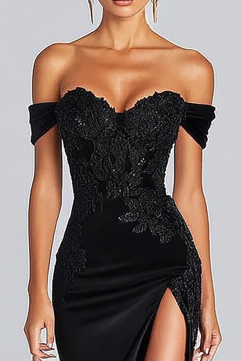 Svart Off The Shoulder Satin Mermaid Gala Klänning med slits