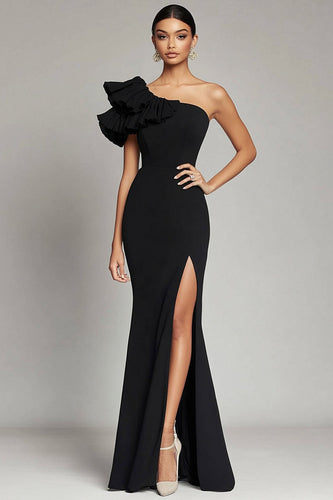 Svart One Shoulder Ruffles Mermaid Satin Gala Klänning med slits