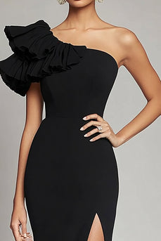 Svart One Shoulder Ruffles Mermaid Satin Gala Klänning med slits