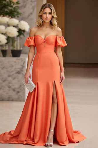 Off The Shoulder Orange Mermaid Ruffles Balklänning