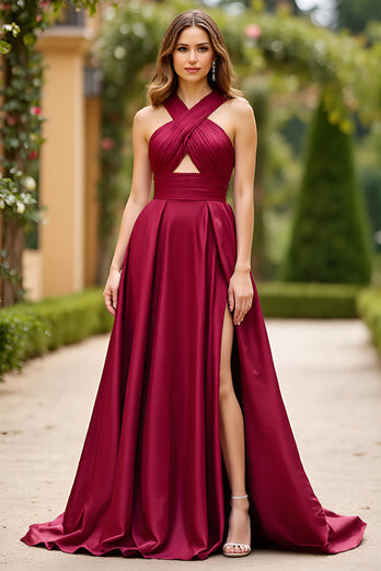 Vinröd Halter Cut Ut En Linje Satin Prom Klänning