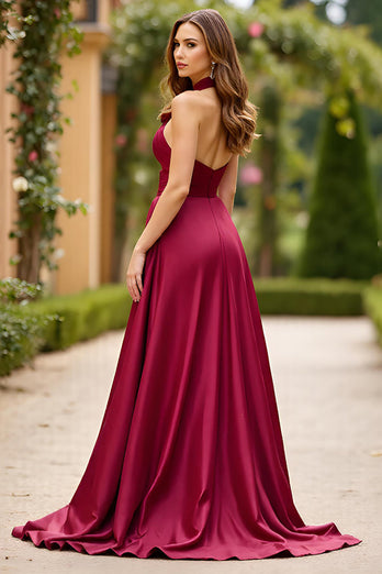 Vinröd Halter Cut Ut En Linje Satin Prom Klänning