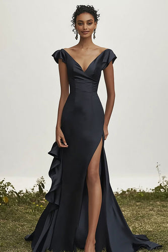 Svart V-ringad Sjöjungfru Satin Ruffles Balklänning