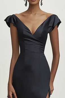 Svart V-ringad Sjöjungfru Satin Ruffles Balklänning