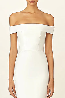 Vit Off The Shoulder Satin Lång Slida Förlovningsklänning