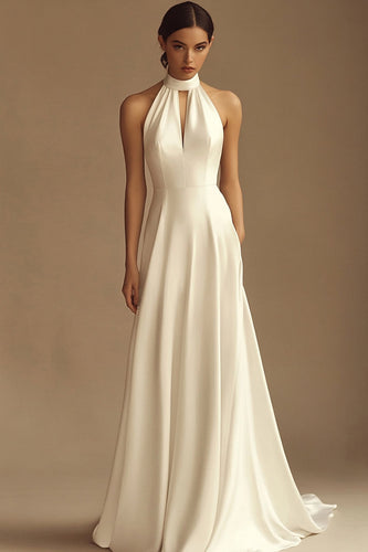 Vit Halter Satin Backless Bröllopsklänning