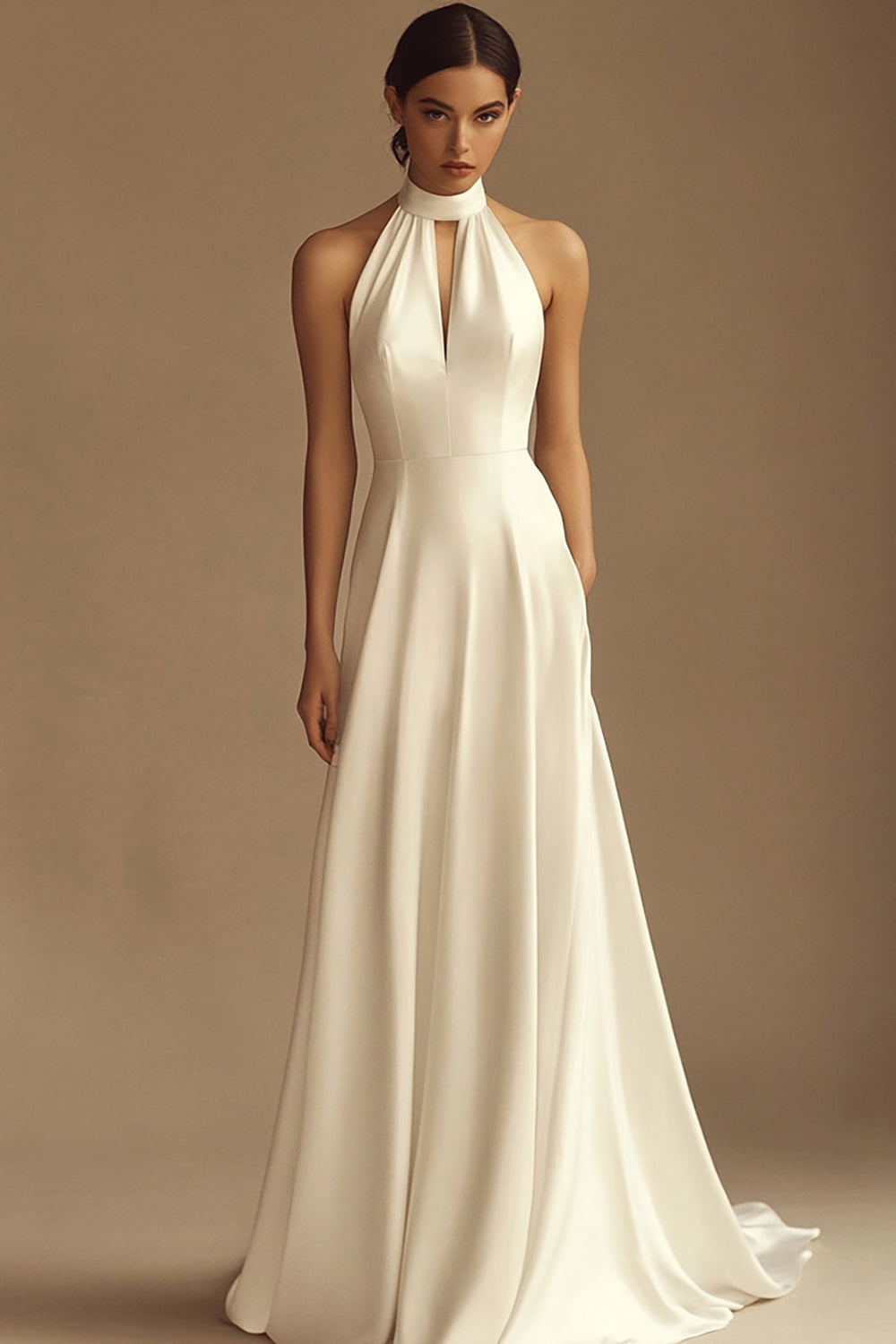 Vit Halter Satin Backless Bröllopsklänning