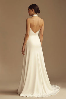 Vit Halter Satin Backless Bröllopsklänning