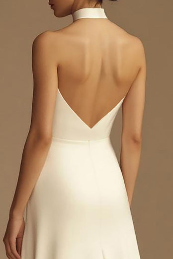 Vit Halter Satin Backless Bröllopsklänning