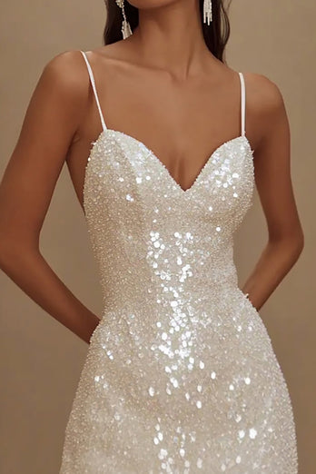Glittrande Vit Spaghetti Remmar Bodycon Kort Examen Klänning