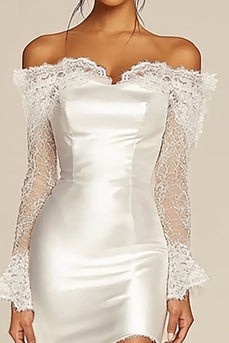 Off the Shoulder Satin Lace Vit Graduation Klänning med Långa ärmar