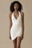 Halter Bodycon Satin Rynkad Vit Examensklänning
