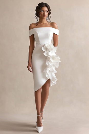 Off the Shoulder Vit Satin Graduation Klänning Med Ruffles