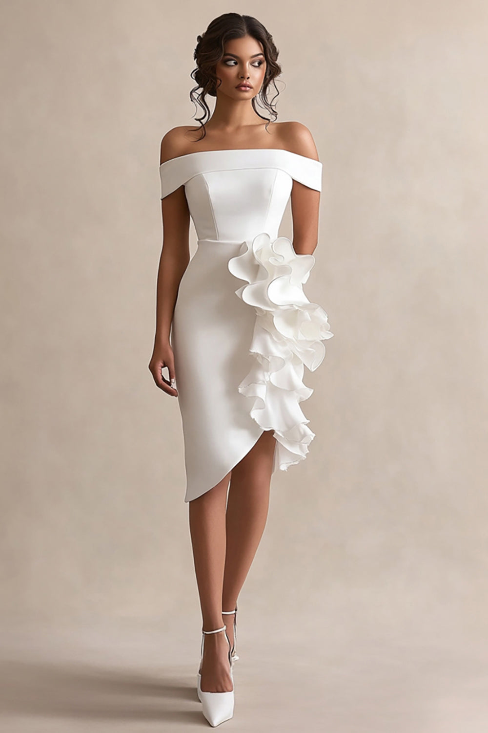 Off the Shoulder Vit Satin Graduation Klänning Med Ruffles