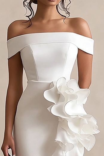 Off the Shoulder Vit Satin Graduation Klänning Med Ruffles