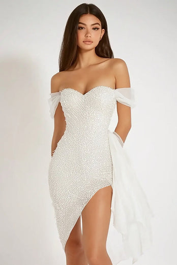 Glittrande Vit Bodycon Off The Shoulder Examensklänning