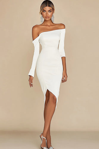 Vit Off The Shoulder Bodycon Graduation Klänning med Långa Ärmar