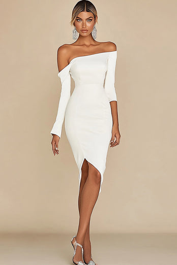 Vit Off The Shoulder Bodycon Graduation Klänning med Långa Ärmar